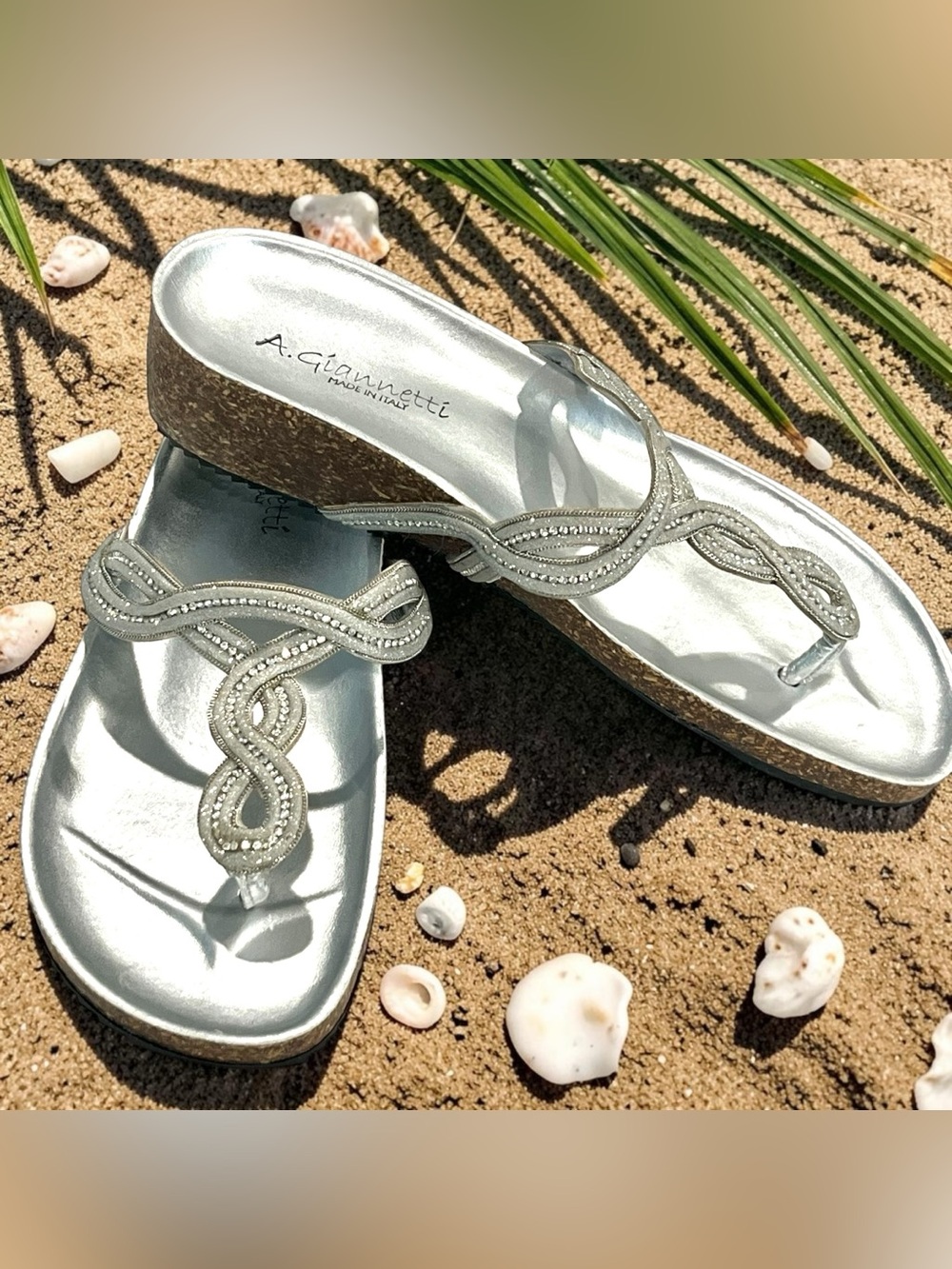 A Gianetti Italy Silver Rhinestone Cork Wedge Thong Sandals Womens Approx 7